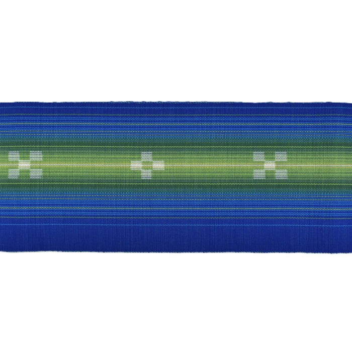 八重山　ミンサー織　半幅帯 八重山ミンサー織（半幅帯）青系縞柄紺絣 伝産マーク、石垣島産